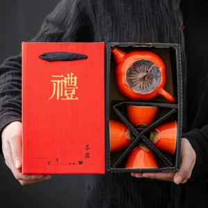 Mini Persimmon Gongfu Tea Set Chinese Ceramic Travel Tea Ware 1 Pot 4 Cups with Portable Gift Box Creative Present