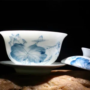 Premium White Porcelain Gaiwan Set 160ml - Blue & White Ceramic Gongfu Tea Bowl, Sancai Covered Cup, Chinese Tea Ceremony