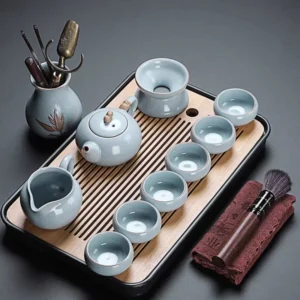 Ru Kiln Kung Fu Tea Set, Handmade Chinese Ceramic Cups with Glaze Craquelure, Complete Gongfu Brewing Set for Home & Office